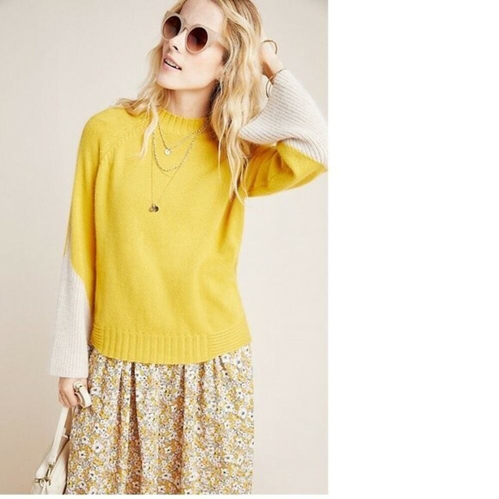 NEW Anthropologie Stellah Nadine Bell Sleeved Sweater Small Yellow Colorblock
